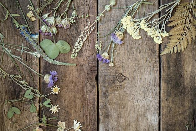 Fleurs séchées sur fond de bois