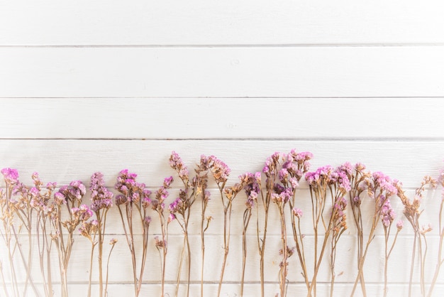 Fleurs séchées sur des planches de bois blancs