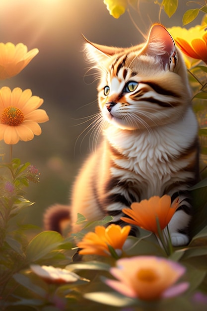 Fleurs de soleil du matin de chat mignon