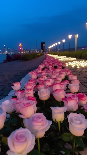 les fleurs sont alignées le long d'un trottoir avec des lampadaires ai génératif