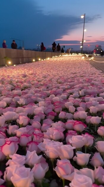 les fleurs sont au milieu d'une allée avec des gens qui marchent dessus IA générative