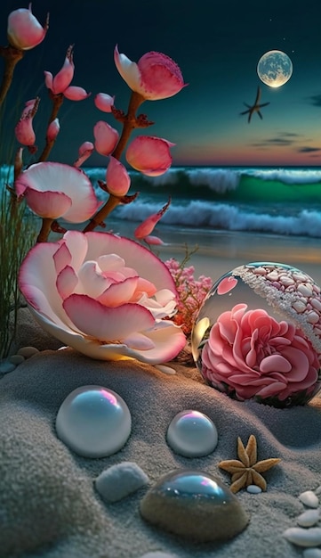 Les fleurs sont placées sur une plage de sable avec des coquilles génératives ai