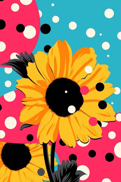 Des fleurs de style pop art, des points, une illustration artistique, un fond jaune et rose.