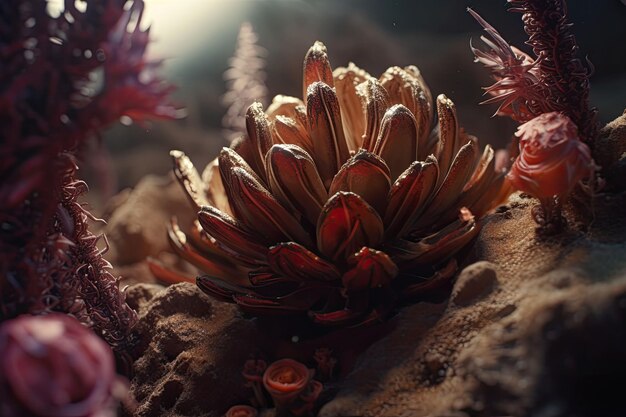 Photo des fleurs surréalistes sur la planète extraterrestre avec des gouttes d'eau scène magique de floraison matinale arrière-plan botanique de fantaisie de rêve illustration générative d'ia