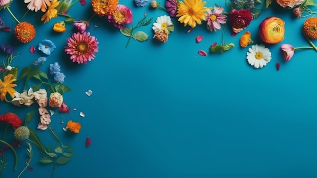 Fleurs sur une table bleue IA générative