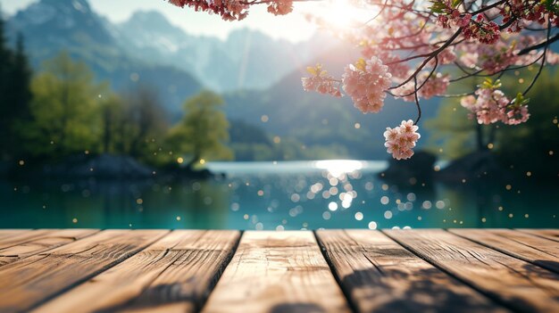 Des fleurs sur une table en bois dans un lac sur une montagne avec des lumières Bokeh et des flammes