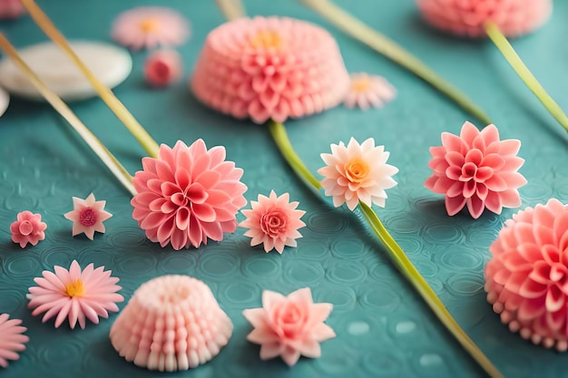 Fleurs sur une table avec un fond vert