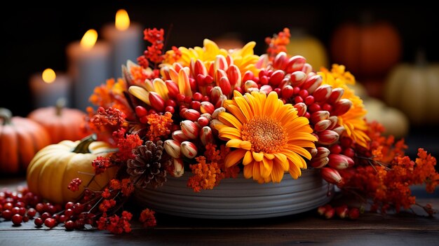 Des fleurs sur la table de mariage.