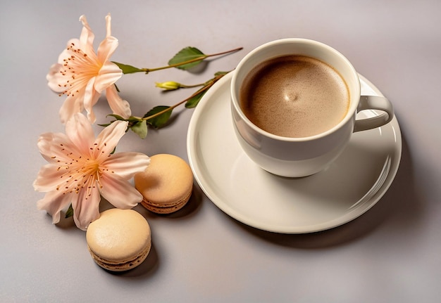 Fleurs tasse de café et macarons sur un fond clair Journée mondiale du café concept généré ai