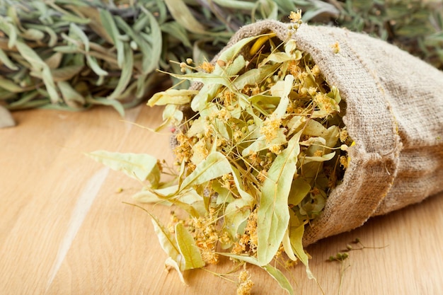 Fleurs de tilleul dans un sac en toile sur la phytothérapie de table en bois