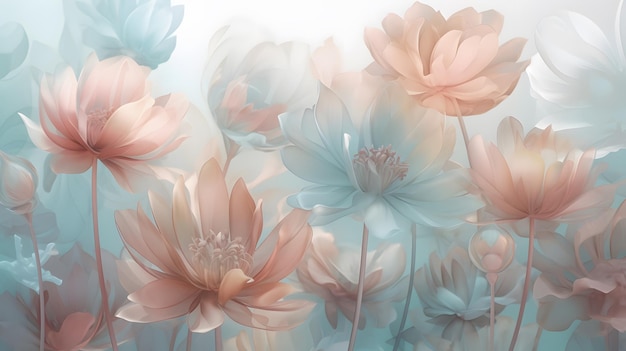 Fleurs translucides aux teintes pastel en 3D pour un papier peint de rêve Generative AI