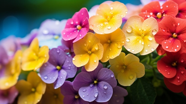 Des fleurs trempées par la pluie sous un arc-en-ciel