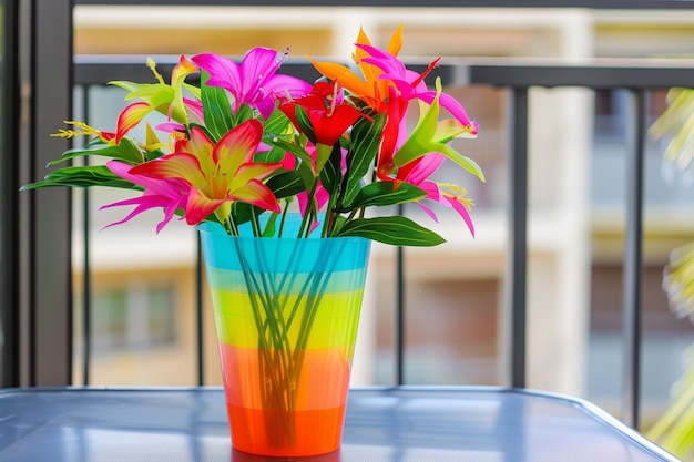 Photo des fleurs tropicales artificielles dans un vase en plastique de couleurs vives sur une table de balcon
