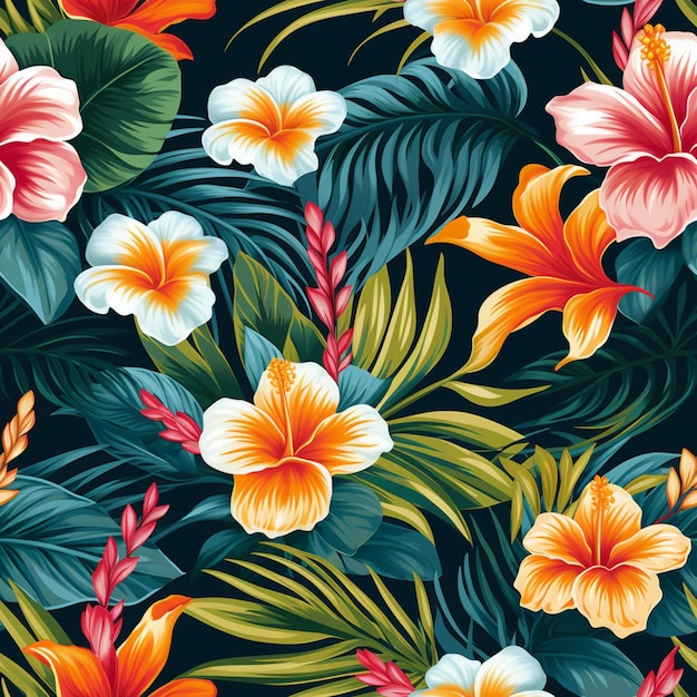 Fleurs tropicales et feuilles transparente motif générative ai