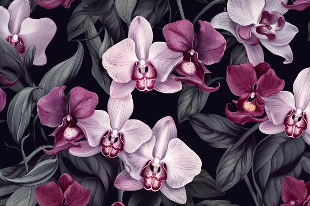 Photo des fleurs tropicales d'orchidées roses sur une ia générative noire