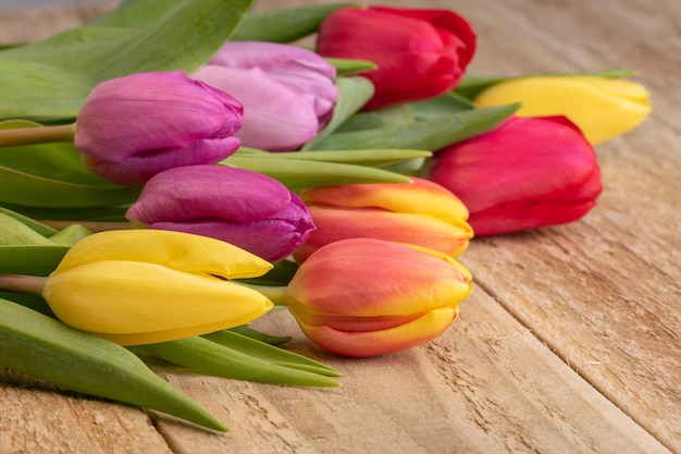 Fleurs de tulipes fraîches rouges et jaunes sur table en bois