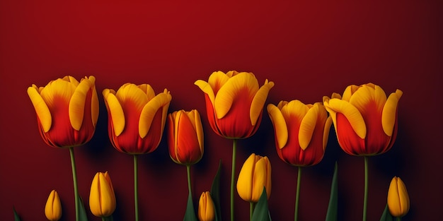 Fleurs de tulipes jaunes sur fond rouge