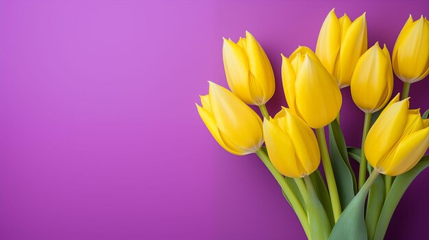 Photo des fleurs de tulipes jaunes sur un fond violet générées artificiellement