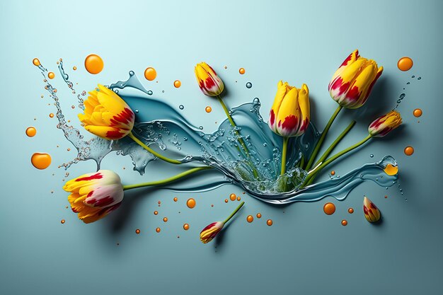 Fleurs tulipes jaunes lévitation et éclaboussures d'eau