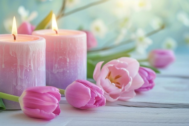 Des fleurs de tulipes jaunes roses allumées des bougies sur un fond en bois rustique carte de vœux