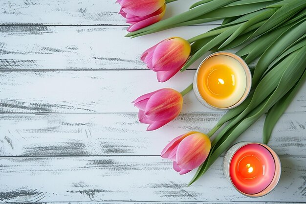 Des fleurs de tulipes jaunes roses allumées des bougies sur un fond en bois rustique carte de vœux