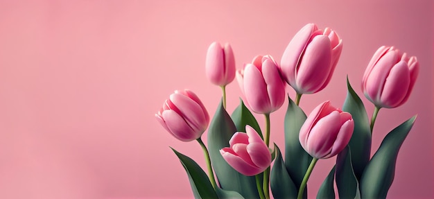 Fleurs de tulipes de printemps sur fond rose vue de dessus dans un style plat pour les femmes ou la fête des mères ou la vente de printemps Banner Generative Ai