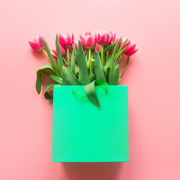 Fleurs de tulipes rouges fraîches dans un sac en papier vert sur rose. Printemps.