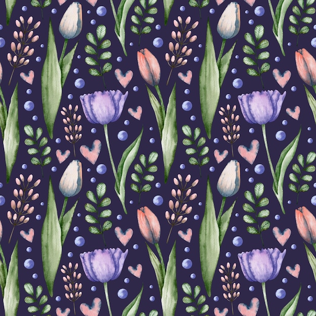 Fleurs de tulipes violettes à motif aquarelle sans couture sur fond bleu.