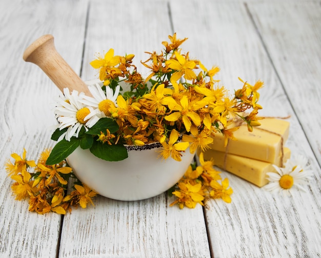 Fleurs de Tutsan et mortier au savon