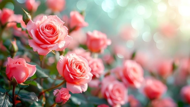 Des fleurs de vacances en toile de fond avec des roses roses douces en fleurs sur un fond bleu bokeh flou