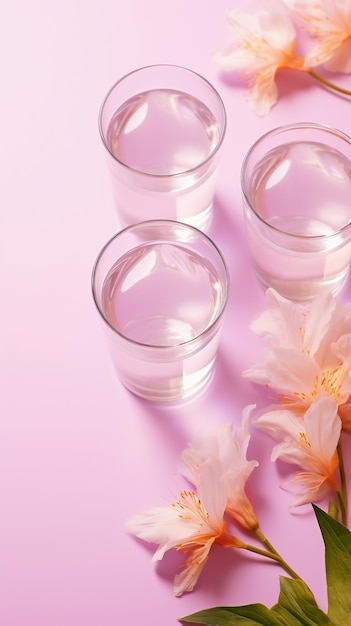 Fleurs et verres d’eau sur fond rose