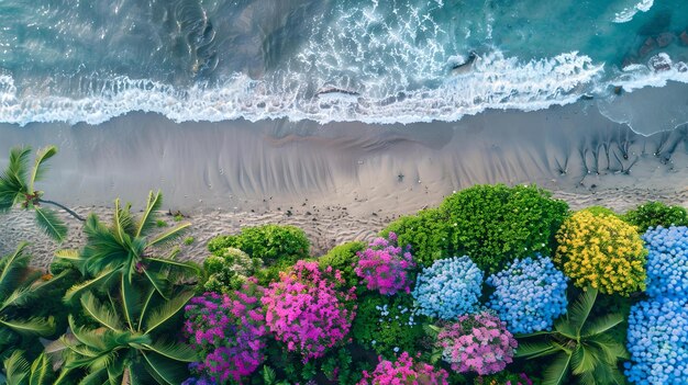 Des fleurs vibrantes au bord de la plage rencontrent les vagues de l'océan vue aérienne d'une nature florale colorée du bord de la mer la beauté capturée d'en haut AI