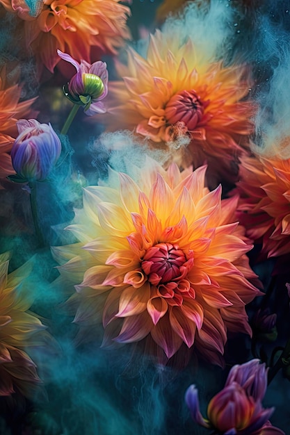 Des fleurs vibrantes et colorées sur un fond sombre, générées par l'IA.