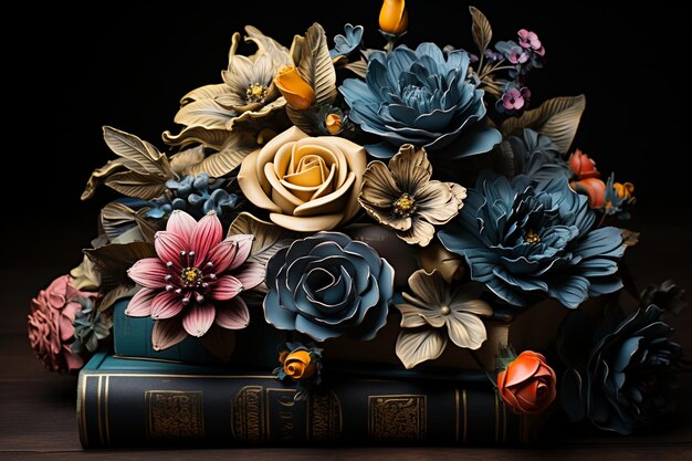 Des fleurs sur un vieux livre.