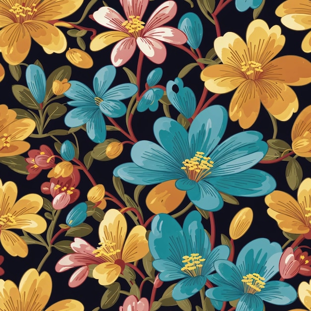 Des fleurs vintage colorées, un motif sans couture, un motif floral, un dessin imprimé en tissu botanique, dessiné à la main, des fleurs.