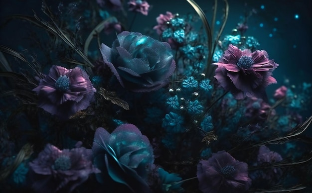 Fleurs violettes et bleues foncées sur fond sombre