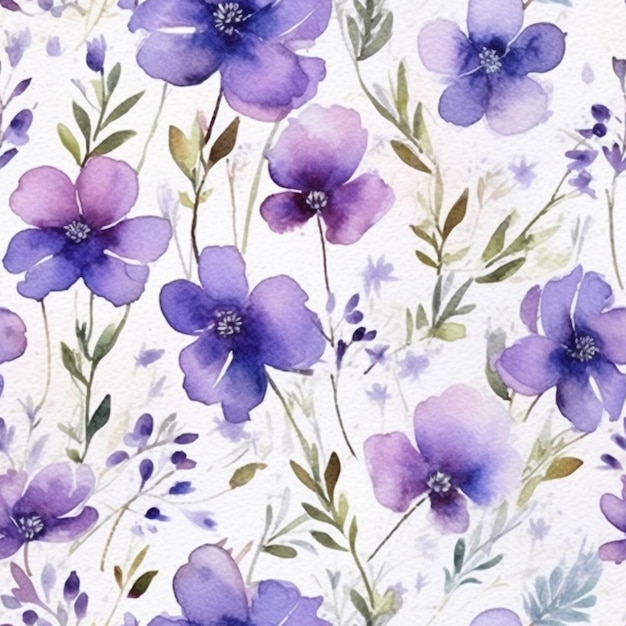 Photo fleurs violettes et bleues sur fond blanc avec des feuilles vertes ai génératives