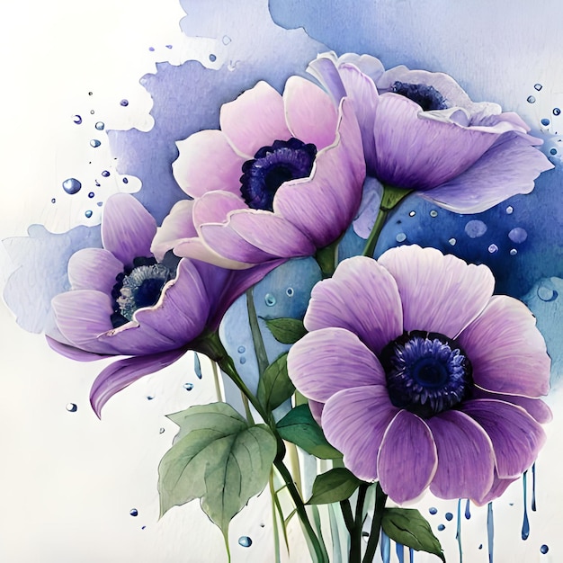Fleurs violettes colorées avec des gouttes d'eau sur le fond