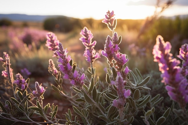 fleurs violettes dans un champ au coucher du soleil