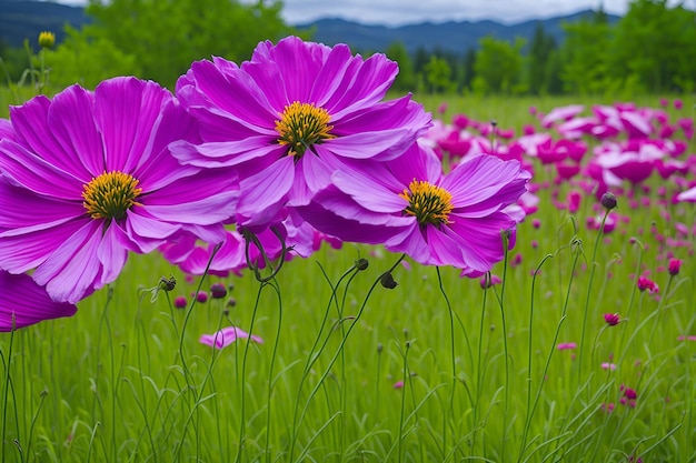 Fleurs violettes dans un champ avec des montagnes en arrière-plan