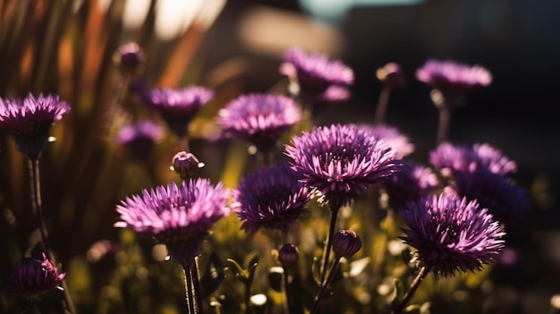 Fleurs violettes dans un champ avec le soleil qui brille dessus