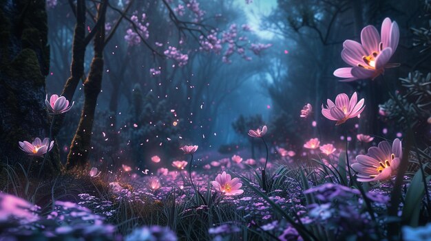 fleurs violettes dans une forêt avec un fond sombre
