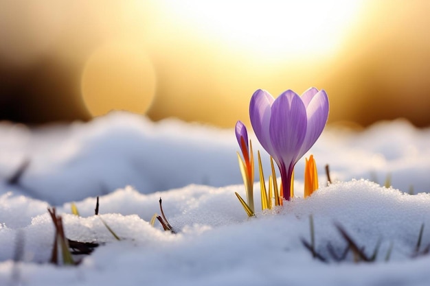 des fleurs violettes dans la neige avec le soleil derrière elles.