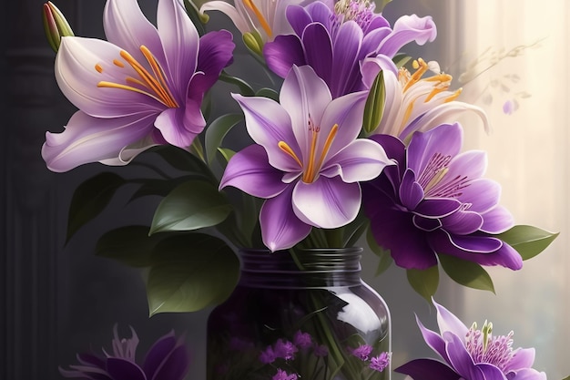 Fleurs violettes dans un vase avec le mot Lily dessus