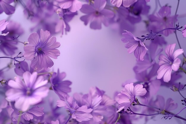 Des fleurs violettes décentrées disposées en cercle sur des fleurs de fond multicolores