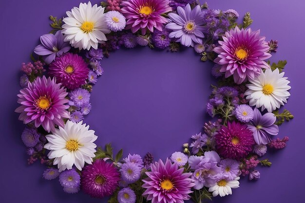 Fleurs violettes défocalisées disposées en cercle sur fond multicolore