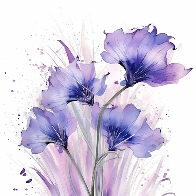 Fleurs violettes avec éclaboussures aquarelles sur fond blanc ai générative