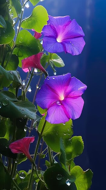 Photo des fleurs violettes avec des gouttes d'eau dessus et de la pluie dessus.