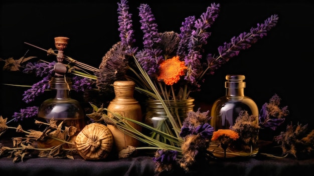 Fleurs violettes et huile de lavande sur une surface sombre