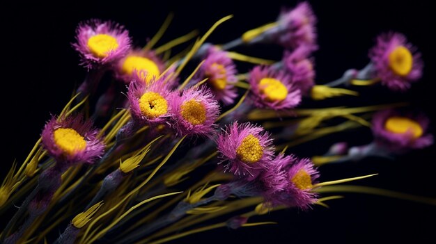 Photo fleurs violettes et jaunes sur un fond noir